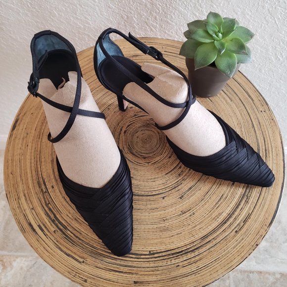 Nina Shoes - Nina Black Silk Look Fabric Cross-Strap Pleated Almond Toe Formal Heels - 7M